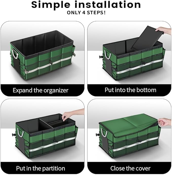 WINHUNT Car Trunk Organizer, Car Storage Organizer with Waterproof Bag Collapsible Multi Compartment Organizer for Car, Suv, Sedan, Truck, Aluminium Handle (Green, Large 66L)