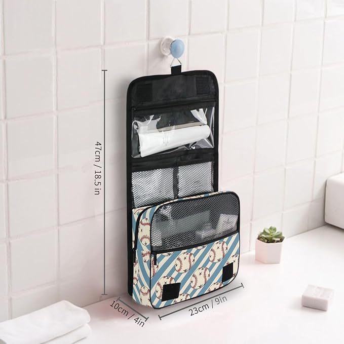 Hanging Travel Toiletry Bag Kit Boys Makeup Case Cosmetics Organizer for Men Women (Baseball Balls Star Blue Stipes)