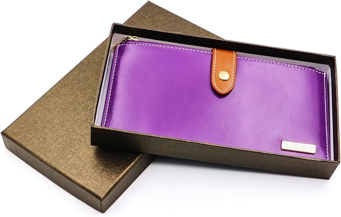 ANDOILT Women's Genuine Leather Wallet RFID Blocking Credit Card Holder Zipper Purse Cell Phone Handbag