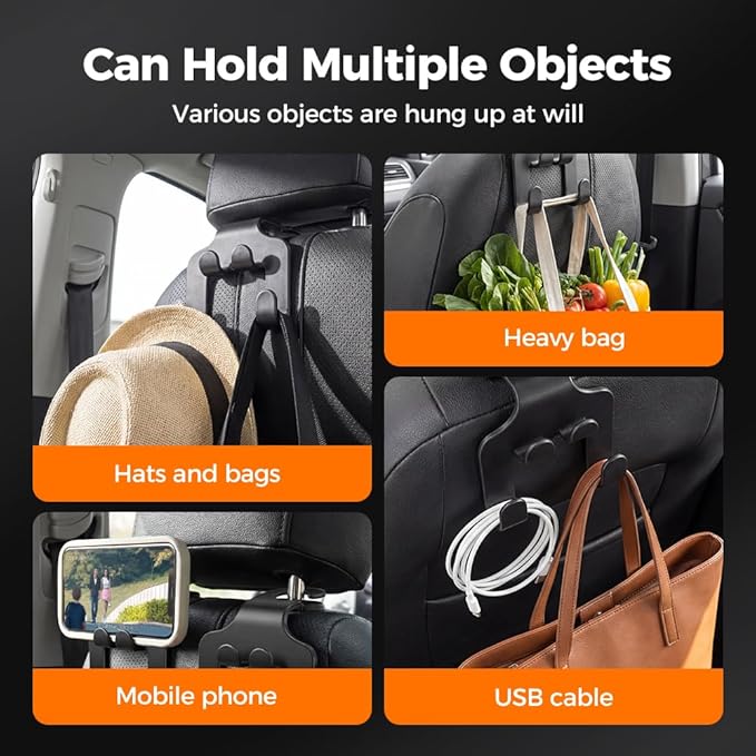 Car Seat Headrest Hook, Double Fur Leather Seat Back Hanger, Universal Headrest Organizer for Purses Bags Coats Umbrellas Grocery (2pcs)
