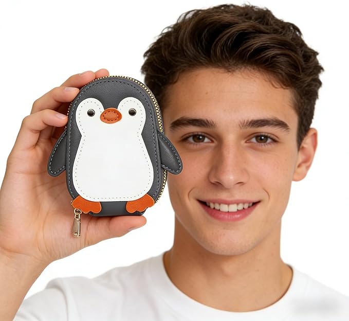 NovelCute Cartoon Penguin-shaped Coin Purse PU Leather Accordion Card Holder Large Capacity Zippered Money and Card Organizer Portable Mini Coin Purse Key Pouch(grey)