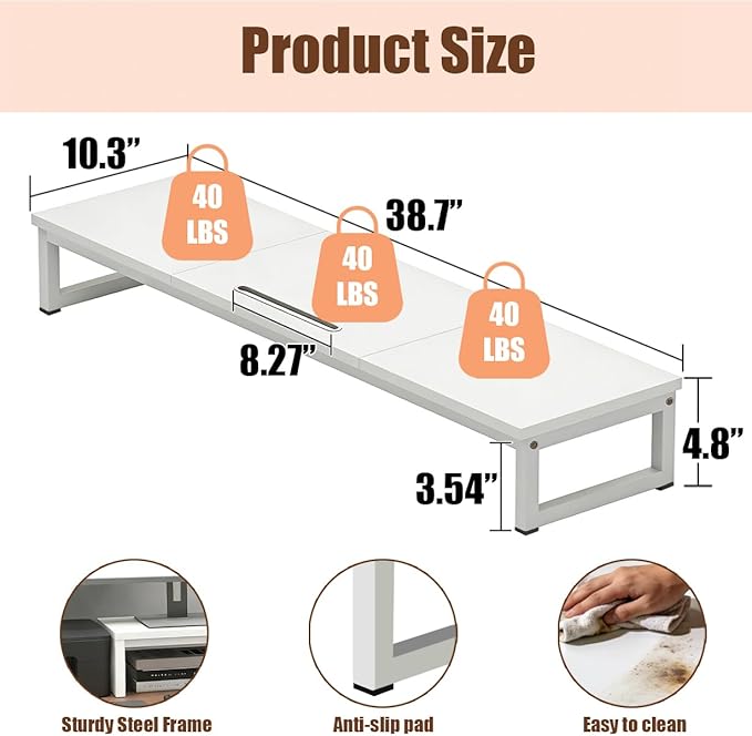Dual Monitor Stand Riser, 38.7'' Long Wood and Steel Monitor Stand for 2 Monitors, Ergonomic Desktop Organizer with Tablet Stand for Computer,Laptop,TV (White)