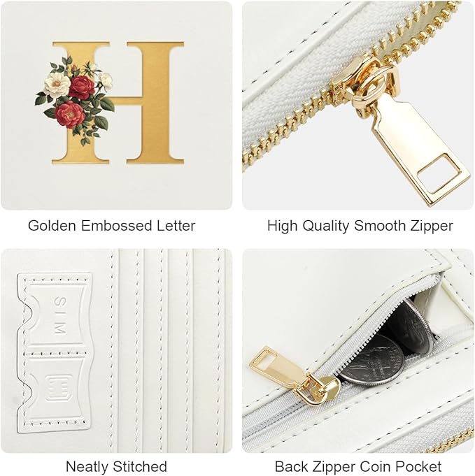 Passport Holder for Travel Personalized Passport Holder Initial Letter Rose Flower RFID Blocking Travel Wallets Credit Cards Holder for Women Men, White H