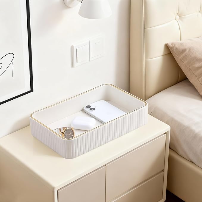 Desk Organizer Tray, PU Leather Nightstand Organizer Perfume Valet Tray for Men Women, Decorative Vanity Trays Trinket Dish Key Bowl for Entryway Table (Ivory, Medium)