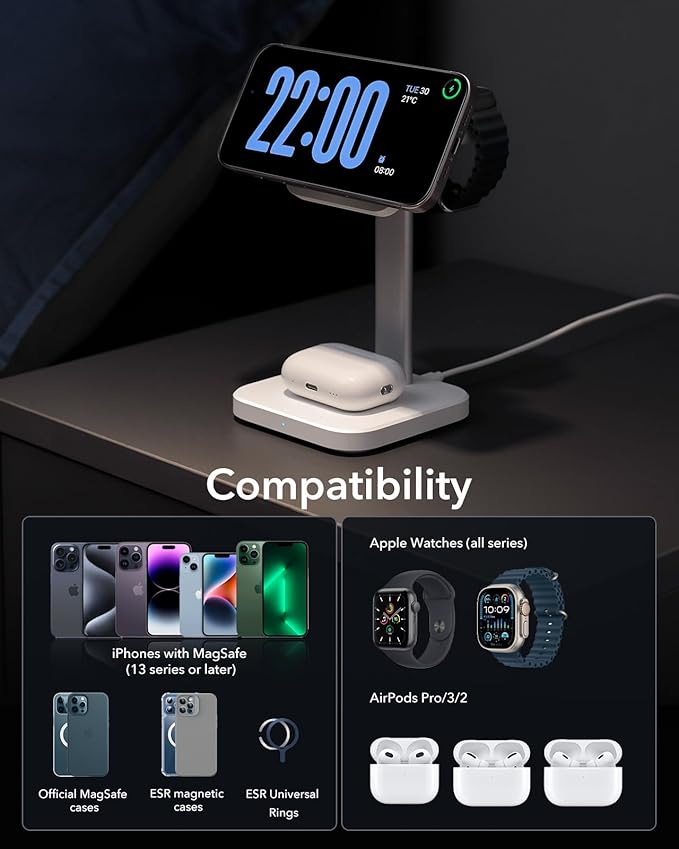 ESR Qi2 3 in 1 Wireless Charging Station, [Certified] Apple Watch Charger & 15W Qi2 MagSafe Charger Stand for iPhone, Wireless Charger for Multiple Devices iPhone 16/15/14/13&Watch&AirPods, White