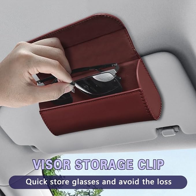 Sunglasses Holder for Car Sun Visor, Sunglass Organizer for Car, Magnetic Leather Eyeglasses Protective Storage Case, Waterproof Glasses Organizer Visor Accessories for Vehicles (Wine Red)