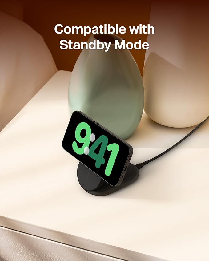Belkin Magnetic Foldable Wireless Charging Stand 15W - MagSafe-Compatible Qi2-Certified Charger, Wireless Charging Stand for iPhone 16, Galaxy S25, & More - Standby Mode Ready w/PSU Included - Black