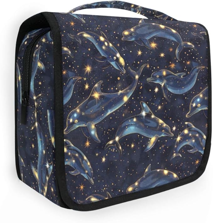 Hanging Travel Toiletry Bag Kit Boys Makeup Case Cosmetics Organizer for Men Women (Dolphin Starry Sky)