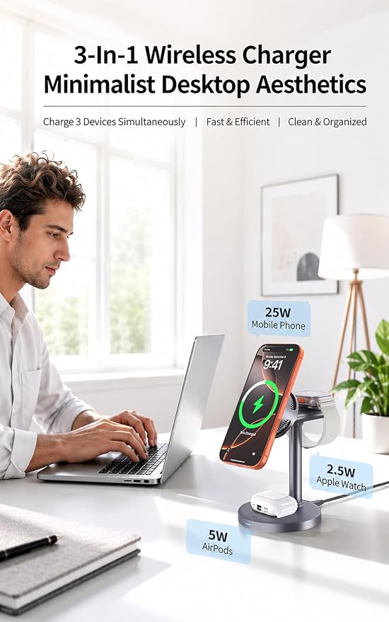 25W Wireless Charger 3 in 1 Magnetic Charging Station with TEC Active Cooling, Qi2.2 Certified Fast Charging Stand for iPhone 17 Pro Max/16/15, Apple Watch & AirPods, 65W Adapter Included