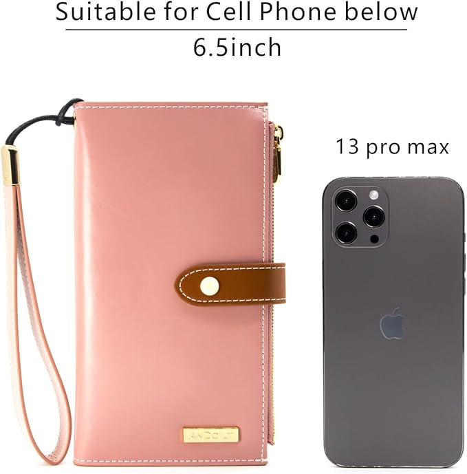 ANDOILT Women's Genuine Leather Wallet RFID Blocking Credit Card Holder Zipper Purse Cell Phone Handbag