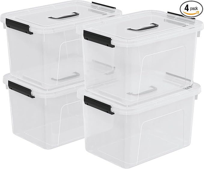 4-Pack Plastic Storage Bins Boxes Containers with Lids, 18 L Clear Latching Box with Handle