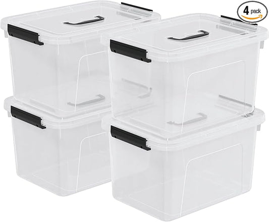 4-Pack Plastic Storage Bins Boxes Containers with Lids, 18 L Clear Latching Box with Handle