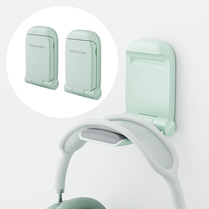 MAMUVIMO Headphone Stand, 2 Pack Headset Stand Foldable＆Sticky, Headphone Holder Hook Mount with Non-Slip Silicone, Adhesive Earphone Desk Hanger Clip Space-Saving for Airpods Max, All Earphones-Green