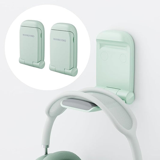 MAMUVIMO Headphone Stand, 2 Pack Headset Stand Foldable＆Sticky, Headphone Holder Hook Mount with Non-Slip Silicone, Adhesive Earphone Desk Hanger Clip Space-Saving for Airpods Max, All Earphones-Green