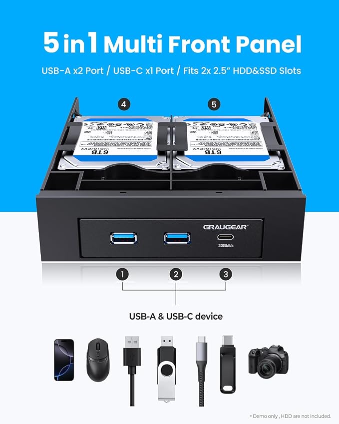 GRAUGEAR 5.25 Inch Internal USB Hub Front Panel – USB‑C 20Gbps + 2X USB‑A 5Gbps, Dual 2.5″ SSD/HDD Bays, Fits 5.25″ Bay, USB 3.2 A-Key 20-Pin & USB3.0 19‑Pin Headers, PC Case Desktop Expansion