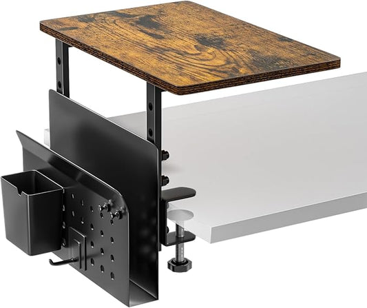 Desk Extender, Clamp On Desk Shelf Organizer, with Side Storage Steel Frame & 15 inch Wood Desktop Supplies Rack Clamp Mount Table Hanging Storage for Home Office Fits Flat Edge Tables 0.3" to 2.3"