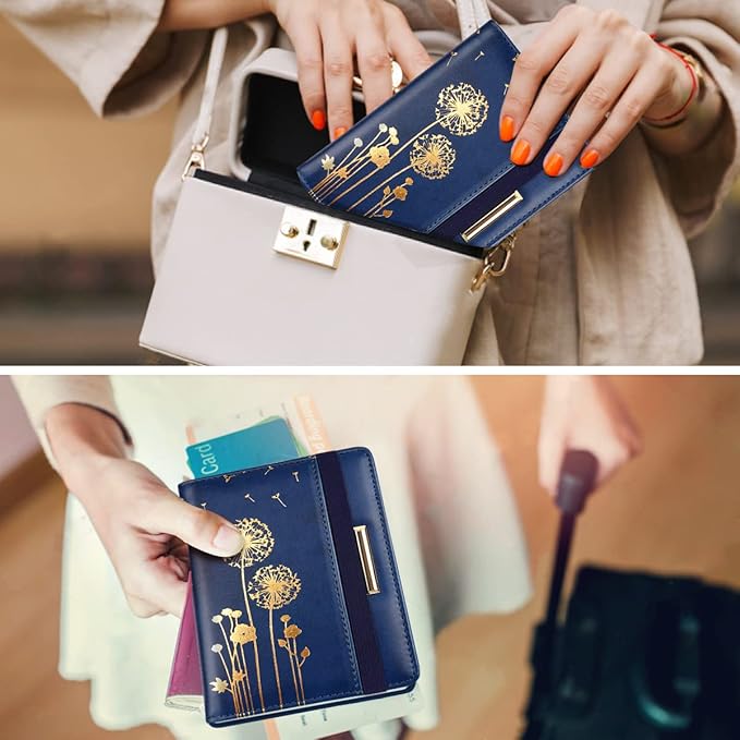 Coco Rossi Women's Fashion Dandelion Passport Wallet, Blue, RFID Blocking, 7 Compartments, Faux Leather