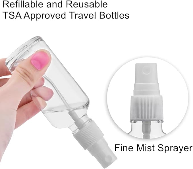 SINIDE Plastic Spray Bottles 75 ML - 8 Pack 2.5 oz Fine Mist Clear Travel Bottle Set, Empty Reusable Portable Refillable Makeup Sprayer Containers for Perfume, Liquids, Aromatherapy, Cleaning Solution