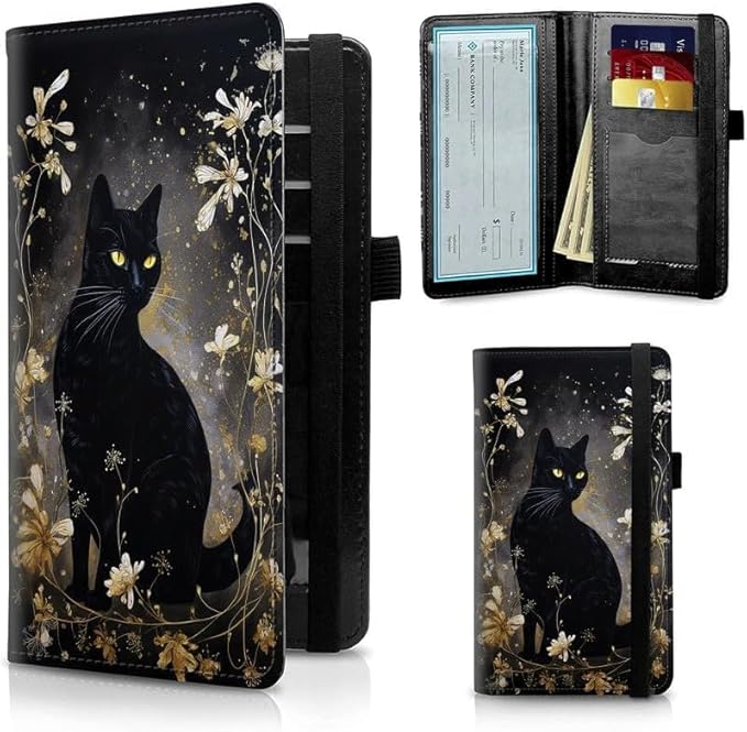 FUYOCWE Leather Checkbook Covers for Men Women Check book Holder Cover Wallets for Personal Checkbook Duplicate Checks with RFID Blocking & Elastic Strap,Black Cat with Gold Floral