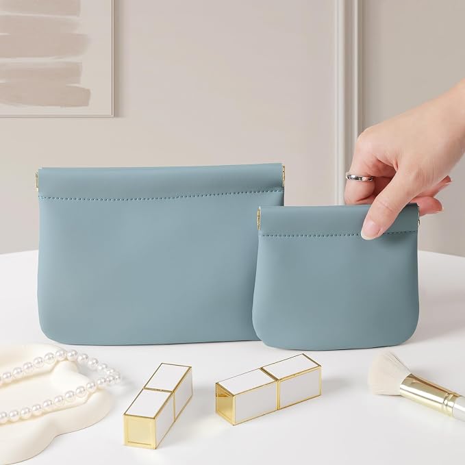 2 Pack Small Makeup Bag for Women, New Organosilicon Super Fiber PU Leather Mini Cosmetic Bag for Travel, Coin Purse Organizer Storage Pouch (No Phrase Printed, Blue)