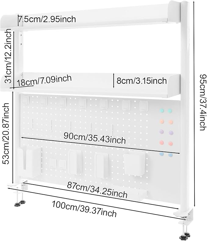 Desk Pegboard, Clamp On Desk Organizer Shelf, Desktop Bookshelf Storage Shelves, Privacy Panel for Home Office Dorm Gaming Desk, Carbon Steel, 39.4" x 37.4", White