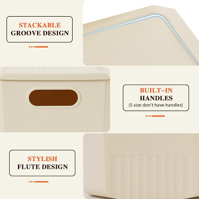 ANMINY 12PCS Plastic Storage Bins Containers with Lids, Large Storage Organization Bins Boxes, Lidded Plastic Storage Baskets for Closet Shelves Desktop, Ivory Lids, 2XL + 4L + 2M + 4S
