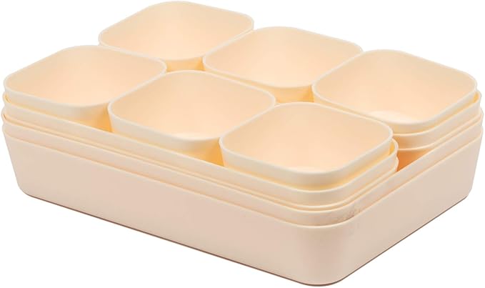 Backerysupply Set Of 12 Beige Color Plastic Desk Drawer Organizers For Makeup Bathroom Office Kitchen Vanity Drawer Storage Box Container