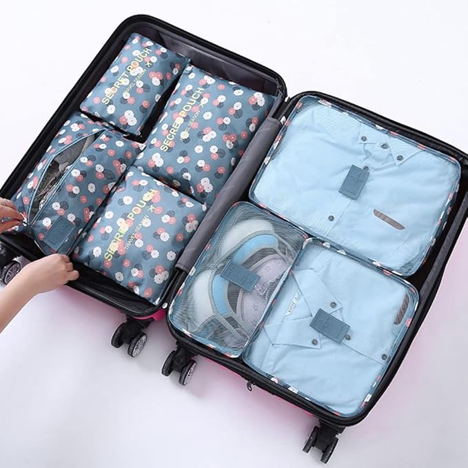 7 Set Packing Cubes Travel Luggage Packing Organizers for Suitcase, Blue Flower