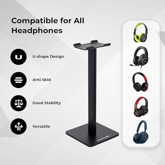 Headphone Stand for Desk - U Shaped Universal Headset Holder with Flexible Headrest, Sturdy Gaming Headphone Holder for Desk, Anti-Slip Base Headset Stand, Compatible with most Headphones (Black)