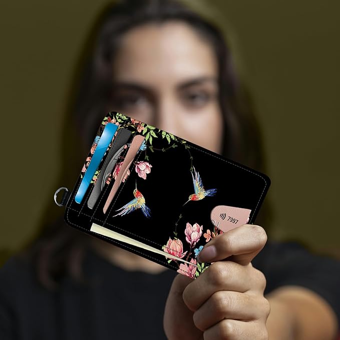 Small Travel Wallets, Hummingbird Floral Sakura Slim Minimalist Front Pocket Wallet with Wristlet, RFID Blocking PU Leather Credit Card Holder with ID Window Change Purse for Men Women