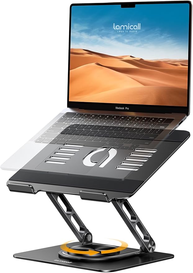 Lamicall Adjustable Laptop Stand for Desk - 360 Rotating Base Ergonomic Computer Stand, Aluminum Laptop Riser Foldable Protable for Office Home fits MacBook Neo Air Pro, Dell, HP (10-17.3'') - Black