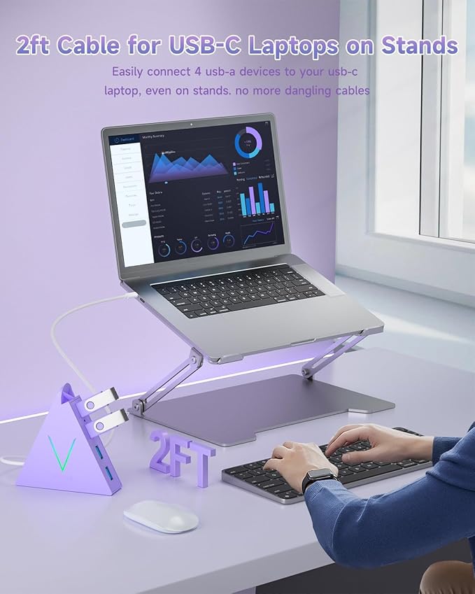 USB C Hub, USB Type C to 4-Port USB 3.0 Adapter for MacBook, Surface, Laptop, Flash Drive, Mouse, Keyboard, HDD (2ft, Light Purple)