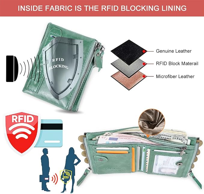 CONTACTS Soft Leather Wallet for Women Small Bifold Coin Purse Double Zipper Card Holder with RFID Blocking (Teal Green)