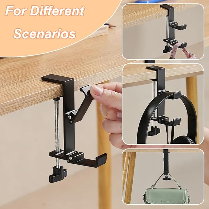OURASHERO Headphone Stand for Desk Aluminum Alloy Headset Stand with Dual Foldable Hooks Headphone Holder Clamp Mount for Gaming PC Accessories Universal Space-Saving Under Table Headset Hangers