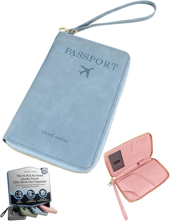 RFID Blocking Wallet for Women Men Cash Travel Passport Holder Family PU Leather Phone Document Organizer Case Cover Pouch with Lanyard Zipper Boarding Pass Id Card Pocket(Blue)
