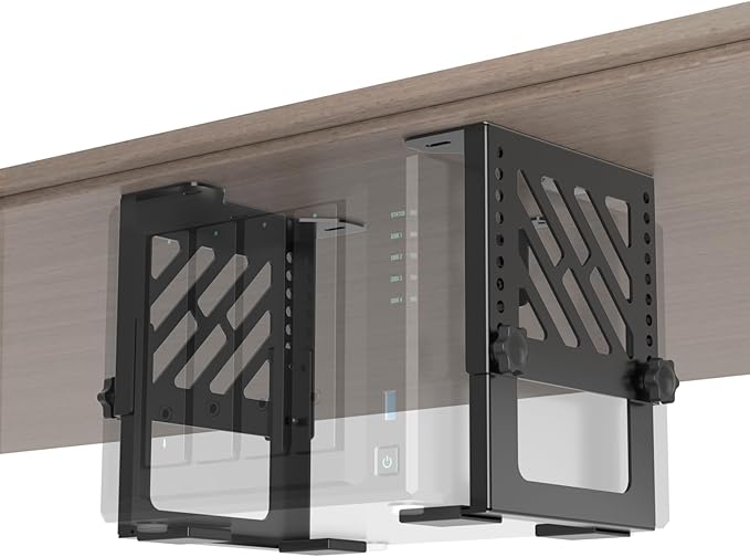Metal Under Desk Mount for NAS Adjustable Mounting Bracket for Desktop NAS 1/2/4 Bay Network Attached Storage Under Desk Holder for NAS/Small PC/SFF Desktop Tower/CPU/UPS and More with Cable Ties
