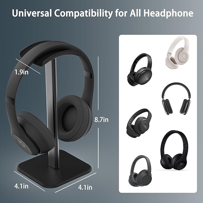 Headphone Stand for Desk - Headset Stand with Aluminum Hanger and Plastic Headrest, Headphone Holder for AirPods Max, Sony, Bose, Beats and More (Black)