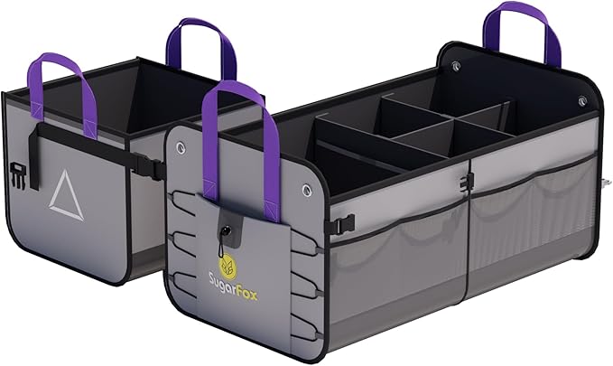 SugarFox Car Trunk Organizer SUV, 84L SUV Trunk Organizer – Waterproof Foldable Modular Trunk Organizer with Mesh Pockets, Non-Slip Base, Gray - M313