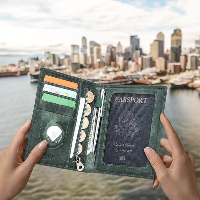 CONTACTS Full Grain Leather Passport Holder RFID Blocking Travel Passport Wallet Compatible with Airtag Passport Cover Case with 4 Card Slots, Coin Pocket (Badge, Green)