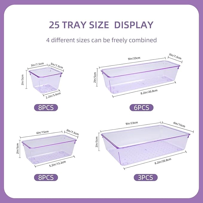 Kitchen Desk Drawer Organizers Storage for Office, Small Acrylic Vanity Trays Makeup Organizer for Drawer Bathroom Plastic Make up Organizers 25 Pcs Clear Purple