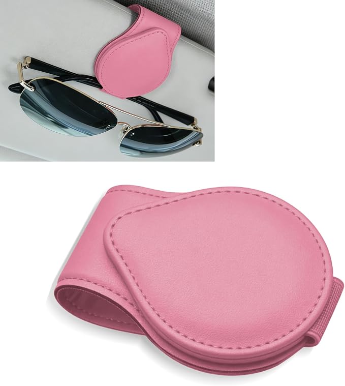 Sunglasses Holders for Car Visor, PU Leather Car Organizer, Magnetic Glasses Holder and Ticket Card Clip, Multi-Functional Auto Sun Visor Eyeglass Holder for Most Vehicles (Pink)