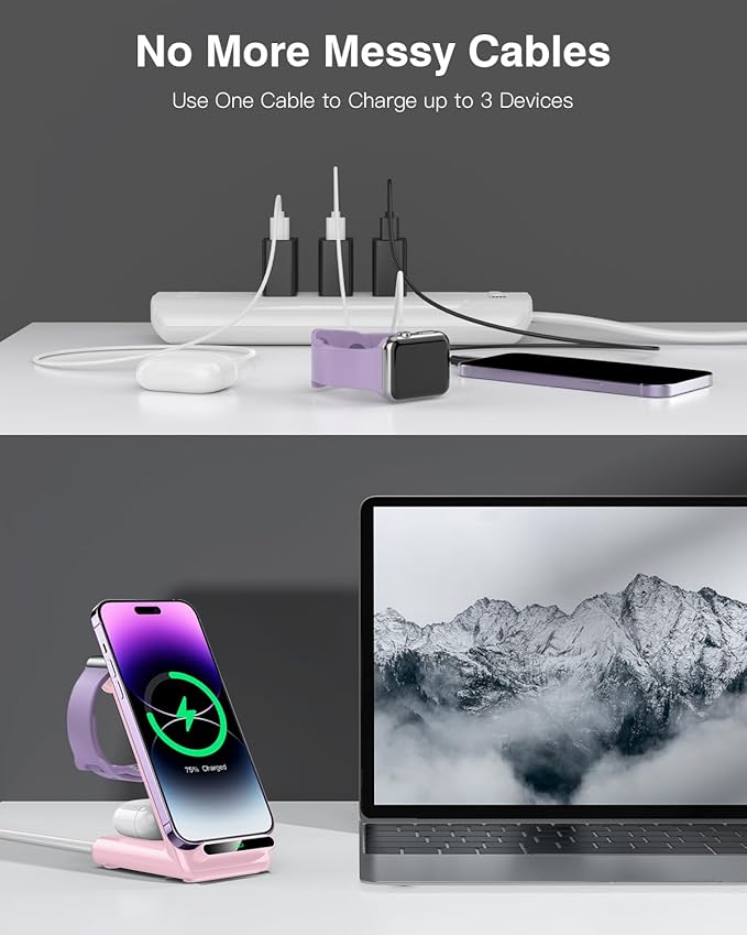 Wireless Charging Station,3 in 1 Charging Stand Made for Apple Watch Ultra 10 9 8 7 6 SE 5 4 3,Fast Wireless Charger Made for iPhone 16/15/14/13/12/11/X,for AirPods Pro(with Adapter) (Pink)