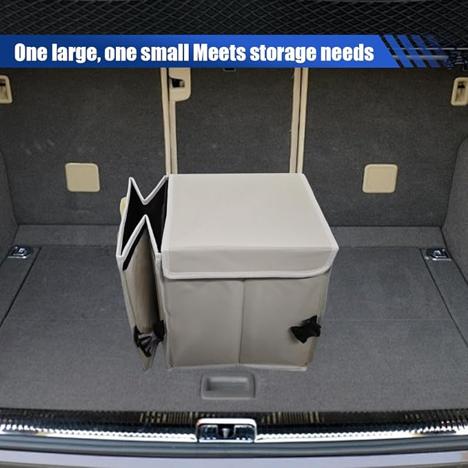 Car Trunk Organizer, Collapsible Multi Compartment Cargo Storage Box with Lid & Reinforced Handles, Adjustable Waterproof Vehicle Storage Organizer Accessories for Car SUV Truck (Beige)