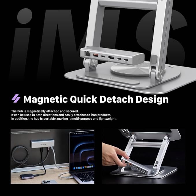 ADAM ELEMENTS Hub Stand Ultra - 6-in-1 Magnetic Detachable USB-C Hub & Ergonomic Laptop Stand, Foldable 4K HDMI Docking Station for MacBook Pro/Air M4 M3 M2 M1, iPad & 17" Laptops