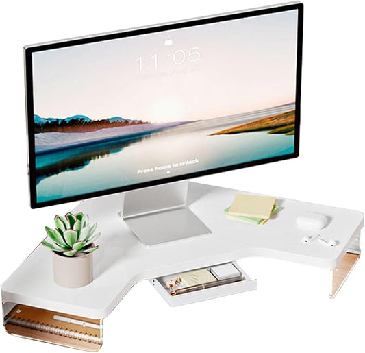 ROYUMI Corner Monitor Stand Clear Acrylic Leg ï¼?Wood Corner Screen Stand, L-Shape Desk Triangle Riser for Monitor/Laptop/Computer, Corner Organizer with Drawer (Color : White)