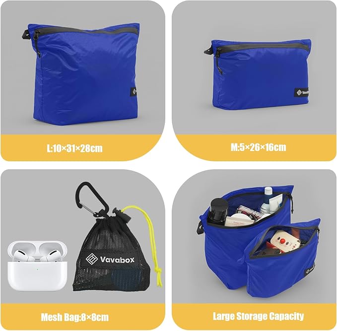 Vavabox Extremely Light Toiletry Bag for Women, Water-Resistant Zipper Pouch, Nylon Makeup Bag Travel essentials for Men Camping Gym (Dark Blue)
