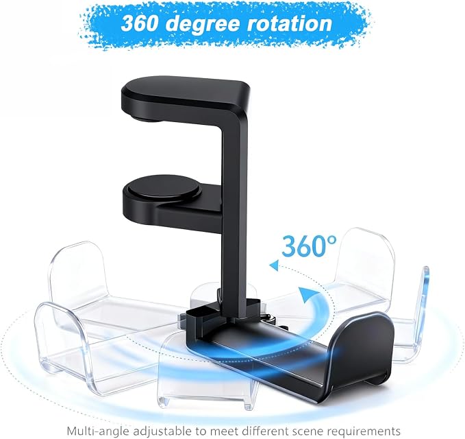 Universal Headphone Stand & Headset Holder - 360° Swivel Under Desk Headphone Hook with Cable Management Clip (Black)