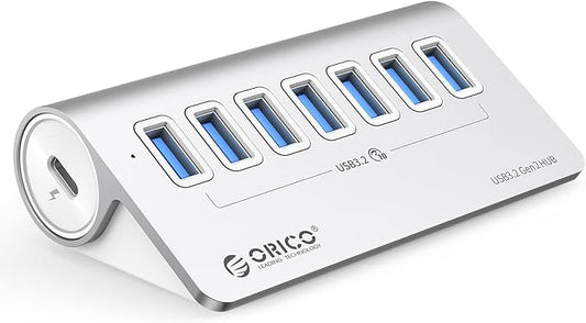 ORICO 7-Port USB 3.2 Gen2 Hub, Desktop USB 3.2 Hub with 7 USB-A Ports, 5V 3A Power Supply Port, 10Gbps Aluminium USB-Splitter with 3.28Ft USB-C to USB-C Cable for iMac, MacBooks, Mac mini