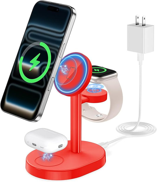Hevanto 2026 3 in 1 Wireless Charging Station for Apple MagSafe Charger, 15W Fast Magnetic Mag-Safe Charger Stand for iPhone 17 16 15 14 13 12 Apple Watch AirPods Compatible with MagSafe, DeepRed