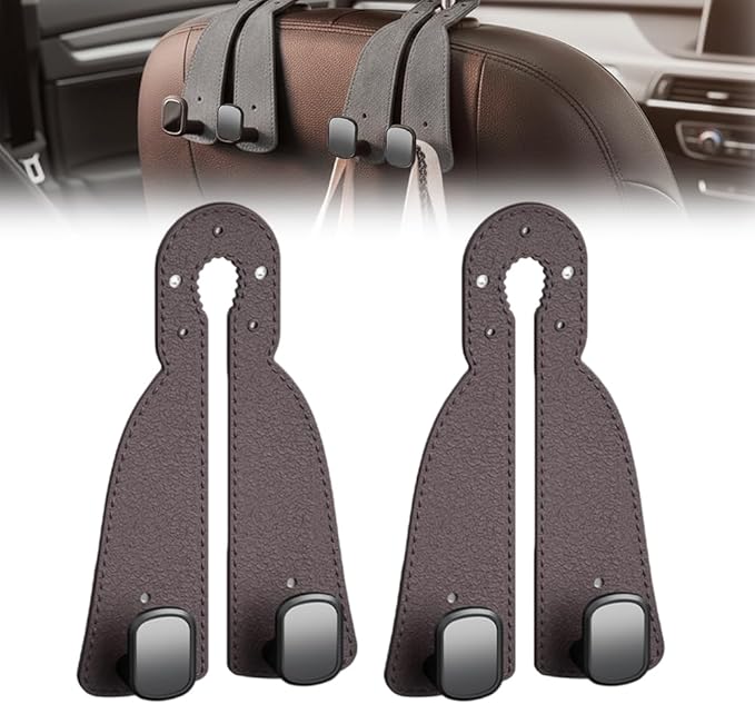 Headrest Hooks for Car, 2026 New Leather Headrest Hooks for Car, Multifunctional Double Hook Holder for Convenient Storage, Auto Hooks Organizer for Handbag Purse Coat Bags (Brown,2)